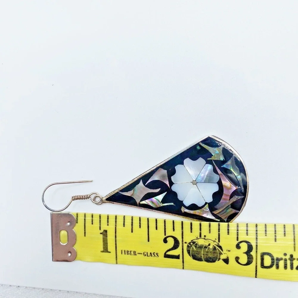 Vintage Alpaca Mexico Silver Abalone Mother of Pearl Large Dangle Earrings 3" - Picture 7 of 7
